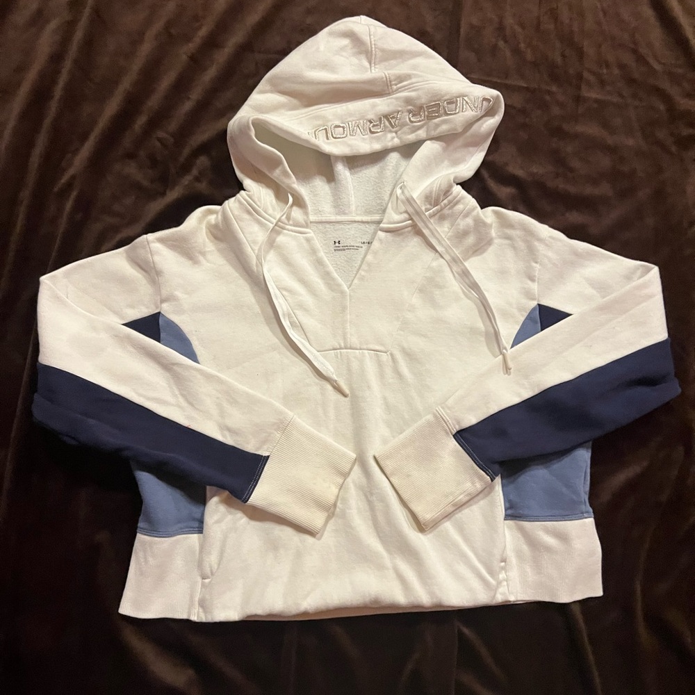 Under Armour Women's Pullover Hoodie Colorblock White Blue Navy Loose Fit L
